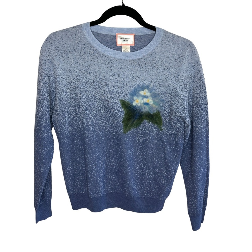 Saccharine New York Blue Ombre Floral Felted Applique Cotton Linen Sweater S/P